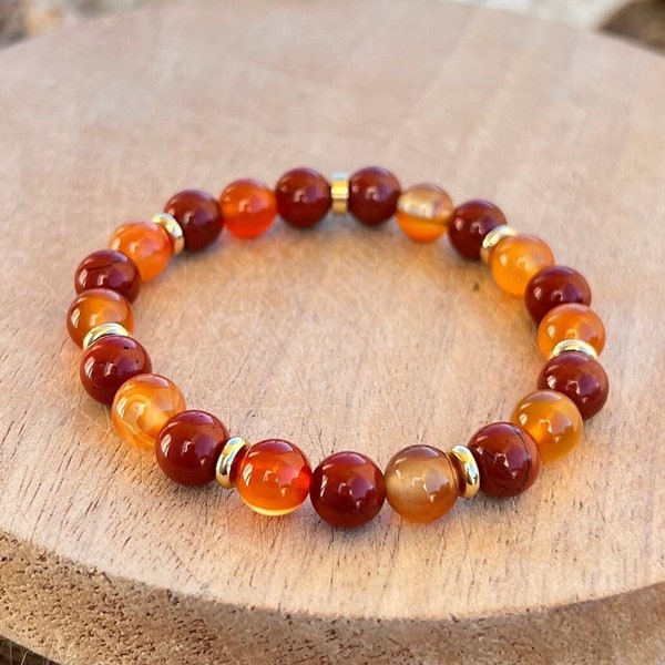 Carnelian and red jasper and gold stainless steel bracelet