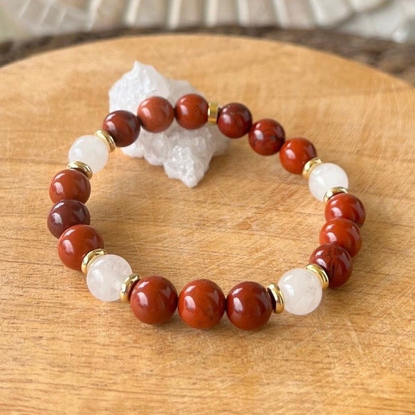 Bracelet jaspe rouge et quartz blanc -acier inoxydable doré