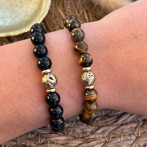 Pulsera de protección contra el mal de ojo en obsidiana y ojo de tigre - piedra de lava galvanizada en oro
