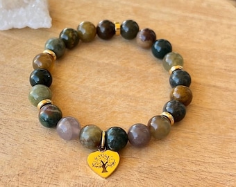 Bracelet agate indienne en pierres naturelles et pendentif cœur arbre de vie acier inoxydable doré