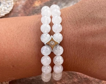 Double row natural moonstone bracelet • Natural stone jewelry • Feminine energy gift • White boho bracelet