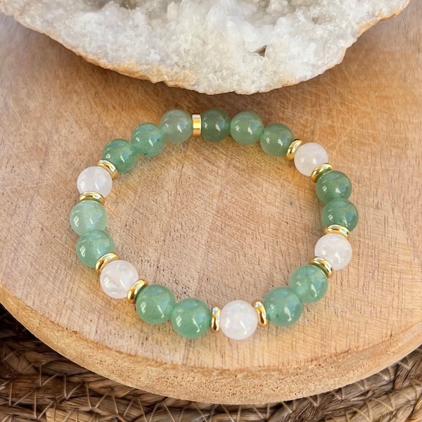 Bracelet in natural green aventurine stones and rock crystal in golden stainless steel