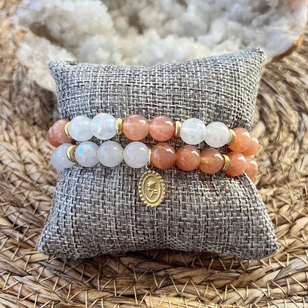 Moonstone and sunstone bracelet - vintage bracelet with rose gold stainless steel pendant