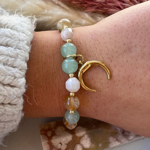 Natural pearl bracelet - cherry blossom agate and green aventurine with moon pendant - gold stainless steel horn