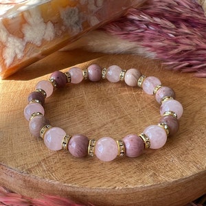 Rose quartz and rhodochrosite bracelet in 8 mm stone with brass separator and gold zircon