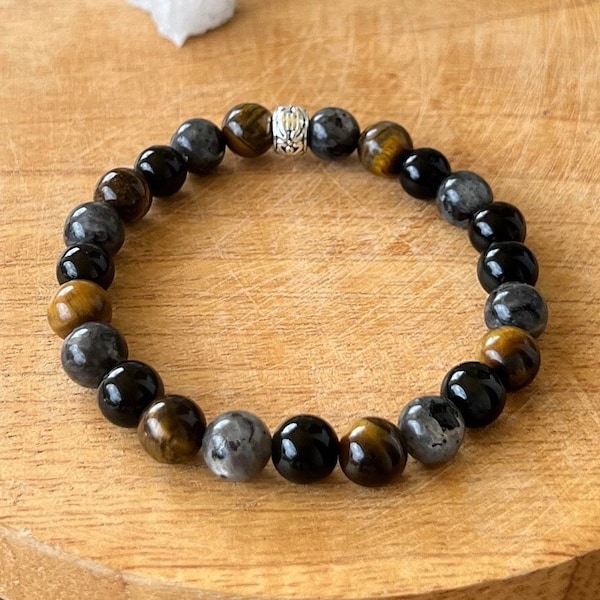 Bracelet triple protection labradorite, œil de tigre et obsidienne - bracelet homme