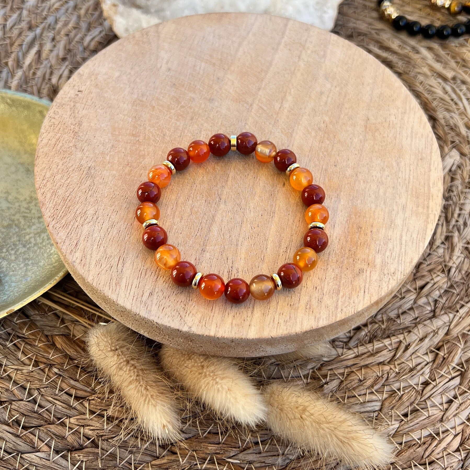 Carnelian and Red Jasper and Gold-plated Stainless Steel Bracelet