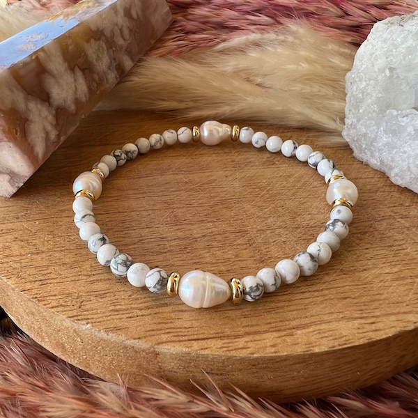 Bracelet perte de poids pierre naturelle howlite et perle eau douce avec séparateur plaqué or