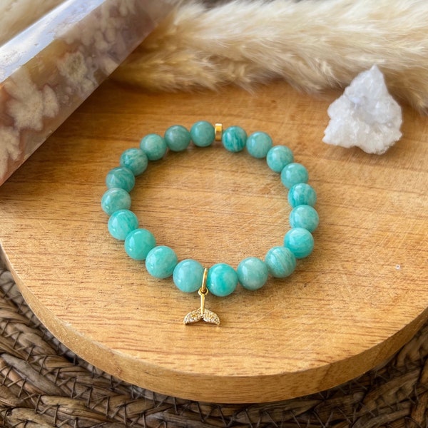 Bracelet amazonite avec pendentif queue de sirène zircon doré