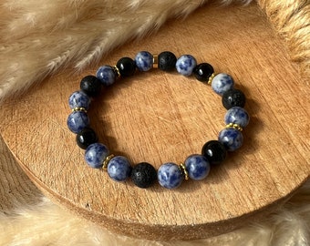 Bracelet en pierre naturelle de jaspe bleu , obsidienne et pierre de lave