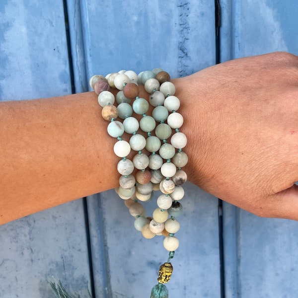 Mala in light blue natural stones of amazonite and Buddha