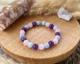 Love bracelet in natural aquamarine stone, amethyst and rose quartz