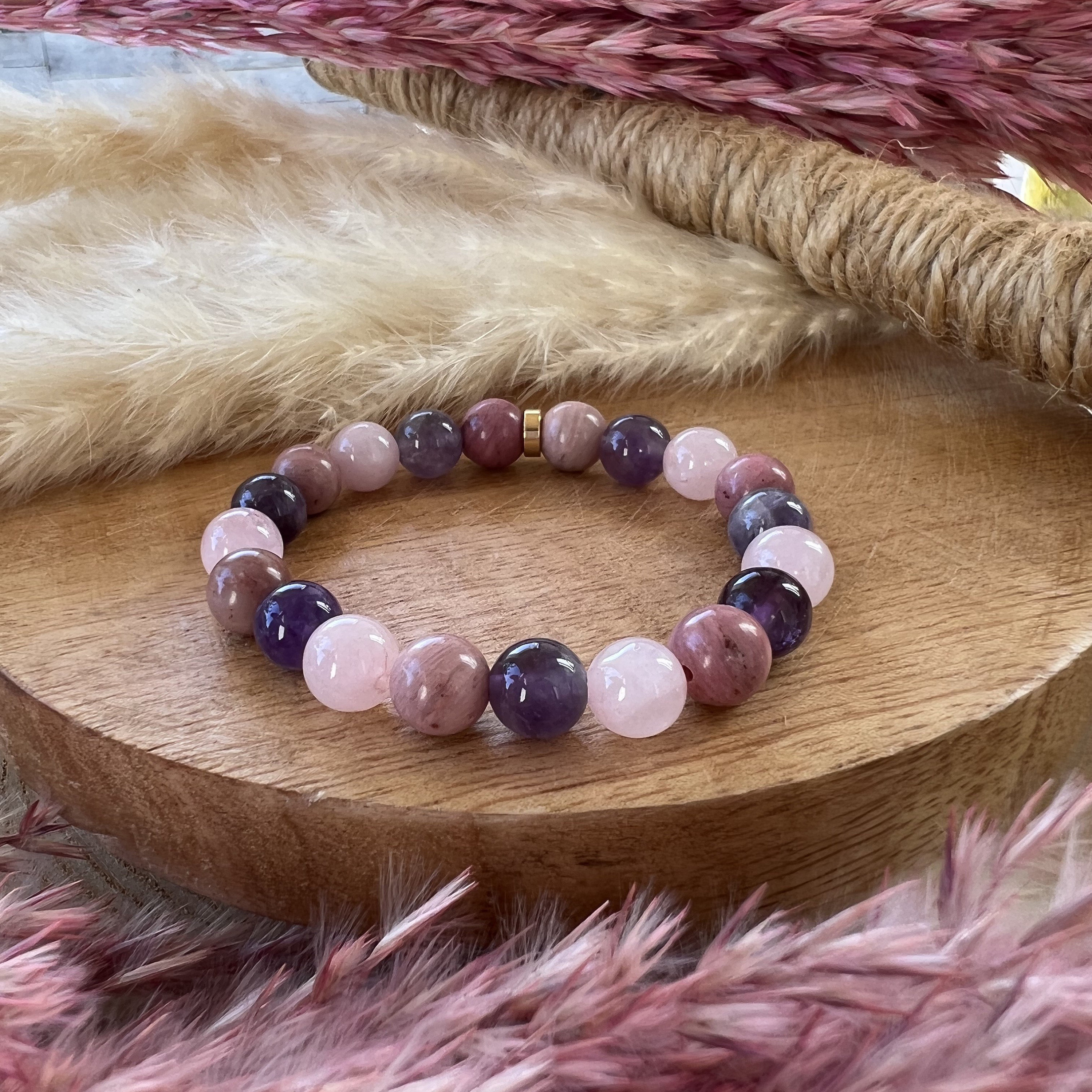 Bracelet lépidolite naturelle, quartz gris, perles roses, idée cadeau femme