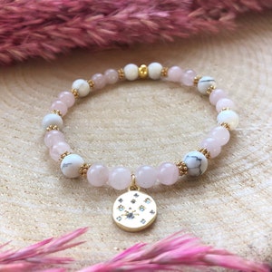 Natural stone bracelet Pink Quartz, Howlite and gold pendant