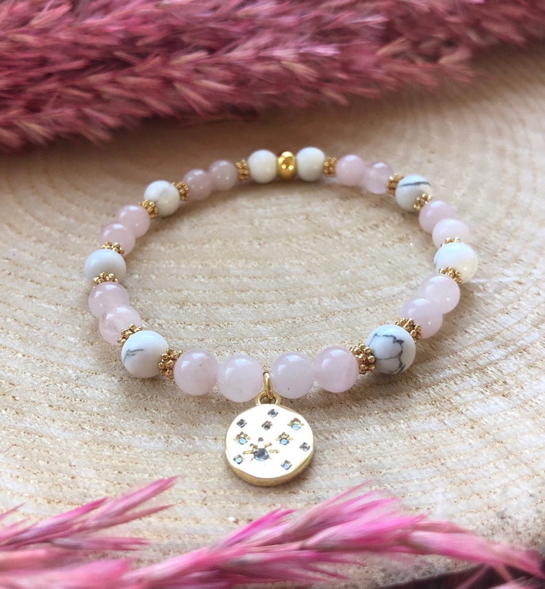 Natural stone bracelet Pink Quartz, Howlite and gold pendant image 1