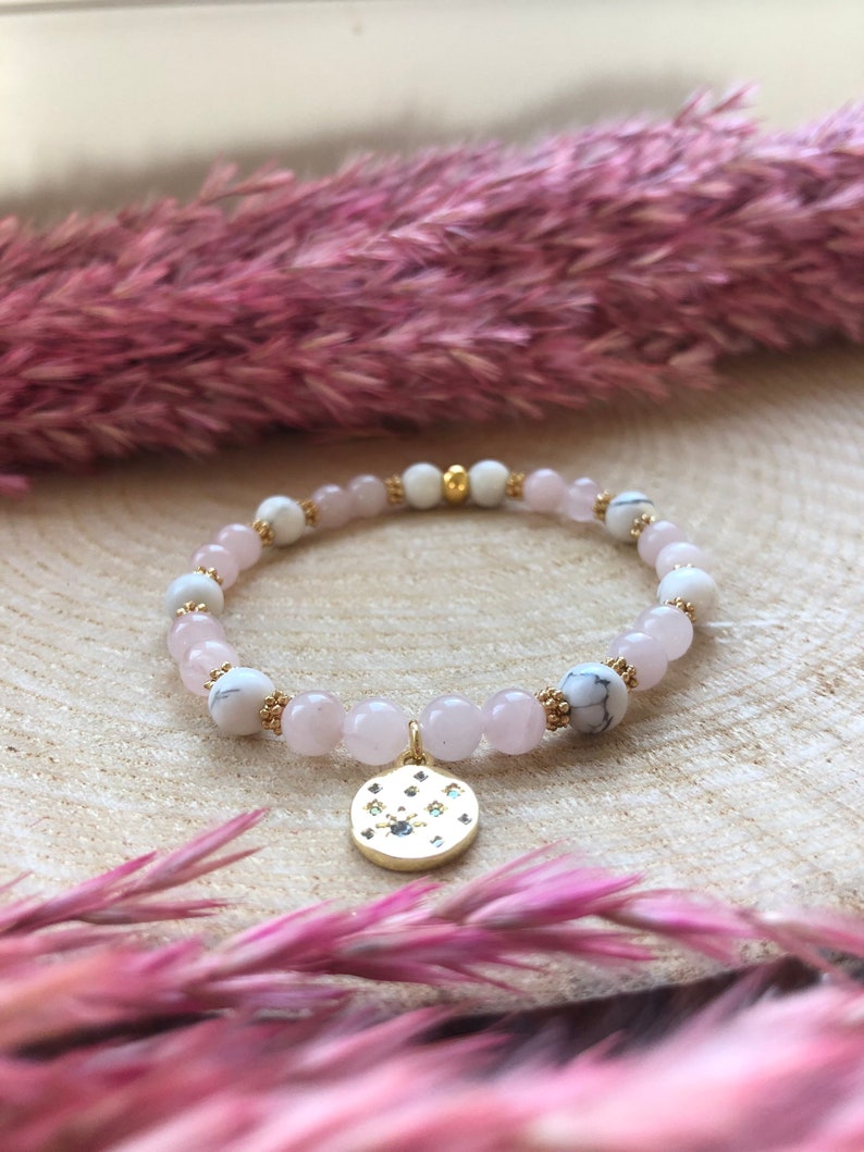 Natural stone bracelet Pink Quartz, Howlite and gold pendant image 4