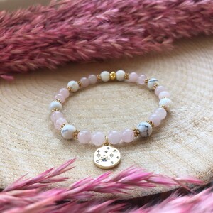 Natural stone bracelet Pink Quartz, Howlite and gold pendant image 3