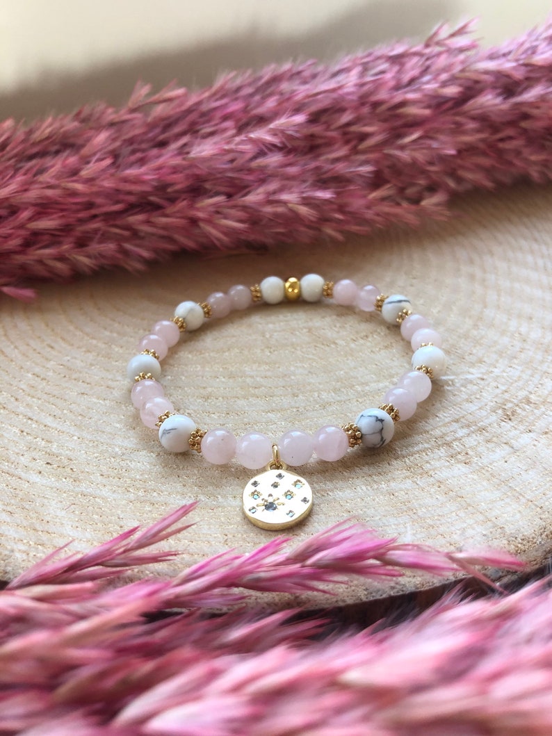 Natural stone bracelet Pink Quartz, Howlite and gold pendant image 3