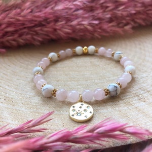 Natural stone bracelet Pink Quartz, Howlite and gold pendant image 2