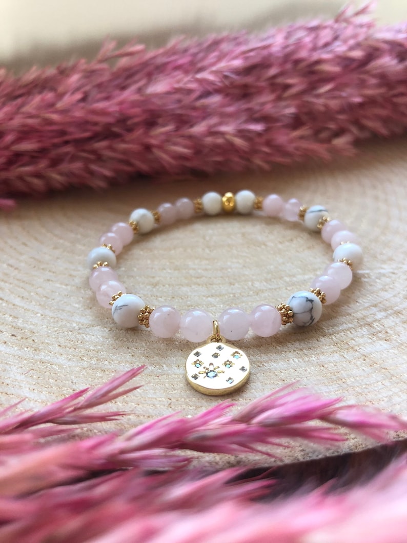 Natural stone bracelet Pink Quartz, Howlite and gold pendant image 2