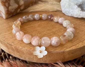 Bracelet agate fleurs de cerisier en pierres naturelles et pendentif fleur blanche Sakura