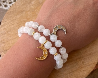Moonstone bracelet and gold or silver moon pendant in stainless steel