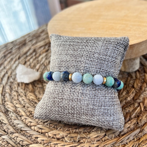 Bracelet amazonite, aigue marine et lapis lazuli en acier inoxydable doré