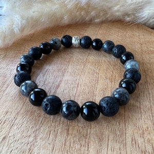 Heren natuursteen armband - Lavasteen, obsidiaan en labradoriet - beschermingsarmband