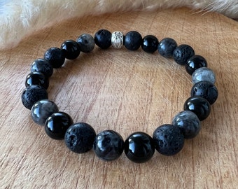 Men&#39;s natural stone bracelet - Lava stone, obsidian and labradorite - protection bracelet