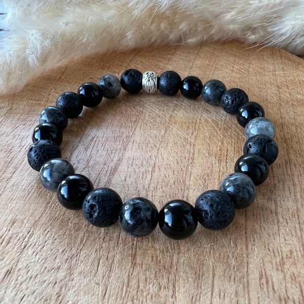 Bracelet homme en pierre naturelle - Pierre de lave, obsidienne et labradorite- bracelet protection