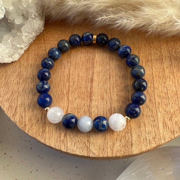 Bracelet pierre lapis lazuli, aigue marine et pierre de lune en acier inoxydable doré