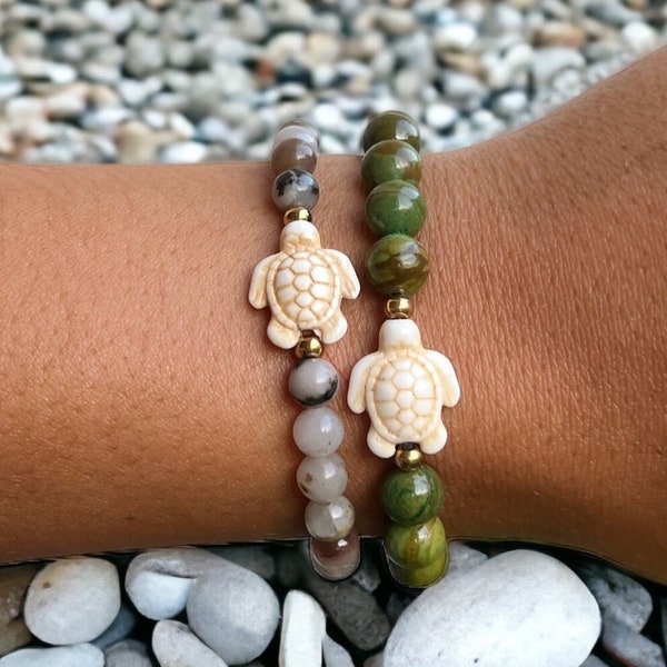 Bracelet pierre naturelle rhodonite - Jade vert et tortue en ceramic