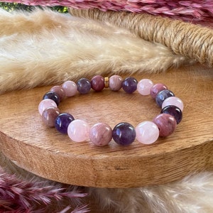 Rose quartz, amethyst and rhodochrosite bracelet in 8mm pearl - Gold stainless steel love and friendship bracelet