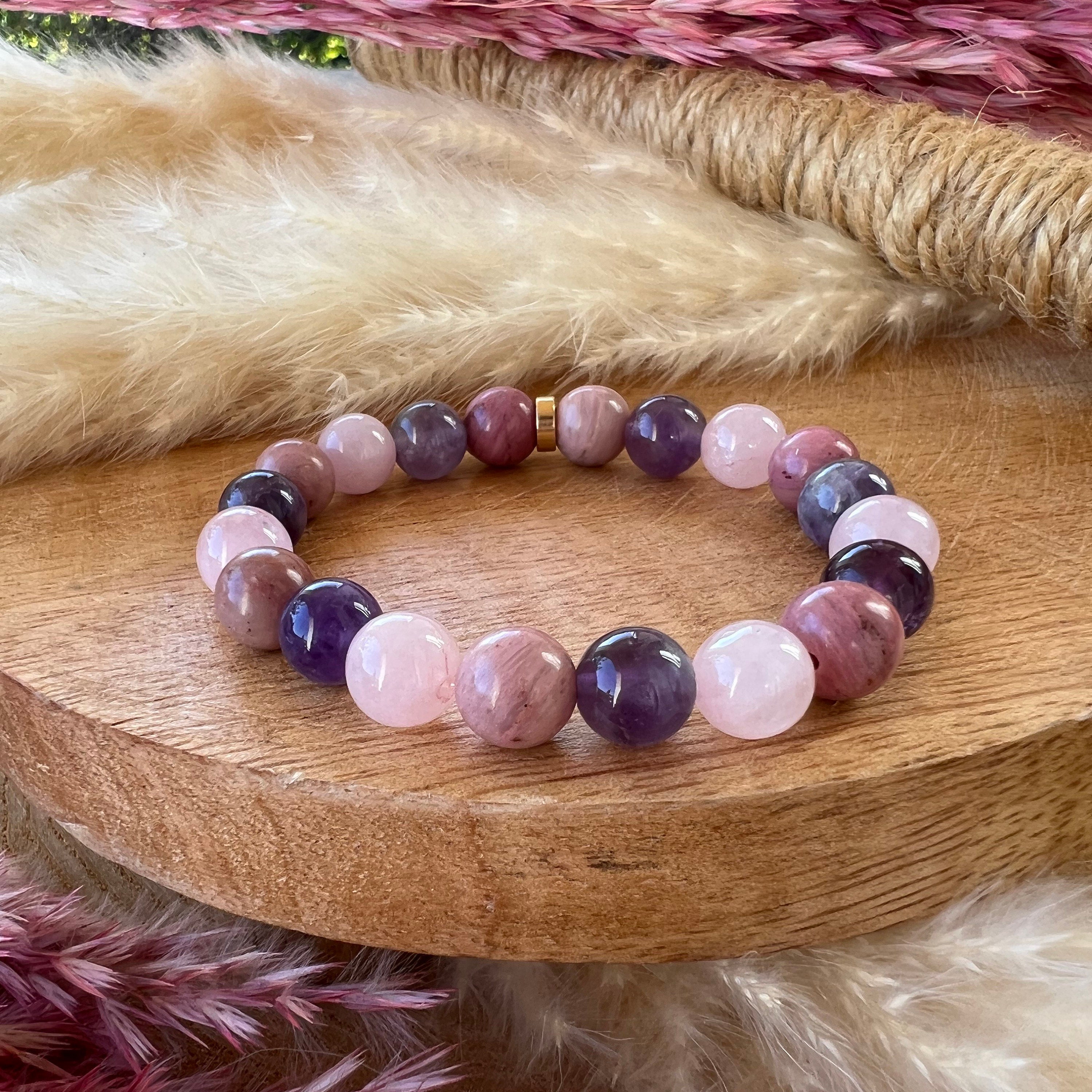 Rose Quartz, Amethyst and Rhodochrosite Bracelet in 8mm Pearl 