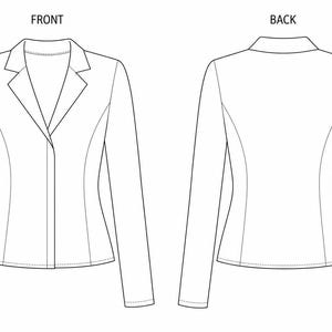 May include: Line drawing of a blazer, front and back views. The blazer has long sleeves, a notched lapel, and a single-button closure. The back view shows a tailored fit with curved seams.
