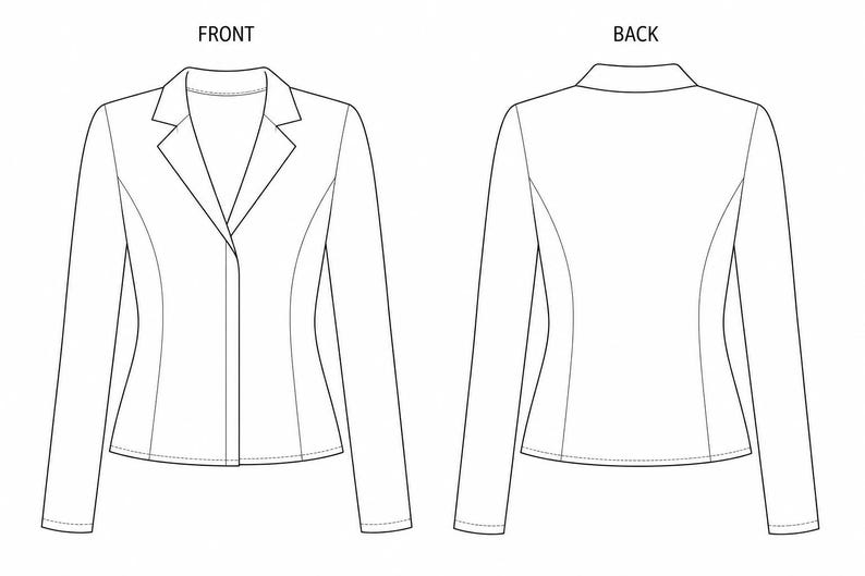 May include: Line drawing of a blazer, front and back views. The blazer has long sleeves, a notched lapel, and a single-button closure. The back view shows a tailored fit with curved seams.