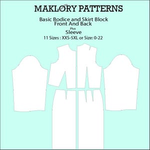 Può includere: Su sfondo azzurro chiaro, un modello bianco per un corpetto e gonna di base, davanti e dietro, più manica. Il testo recita "MAKLORY PATTERNS" e "11 Taglie: XXS-5XL o Taglia: 0-22".