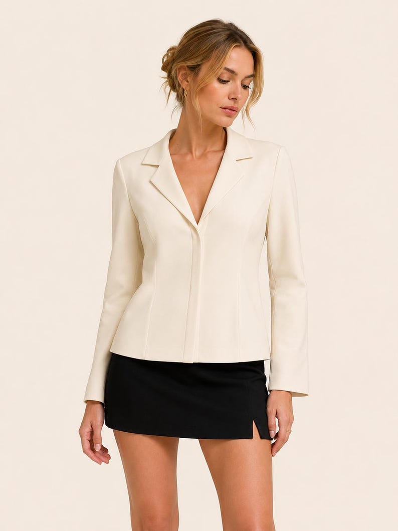 May include: Cream-colored blazer with a notched lapel and long sleeves. The blazer is paired with a black mini skirt. The skirt has a side slit. The outfit is suitable for business or casual wear.