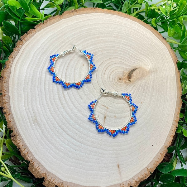 Beaded Hoop Earrings, Native-Made, Blue and Orange Hoops