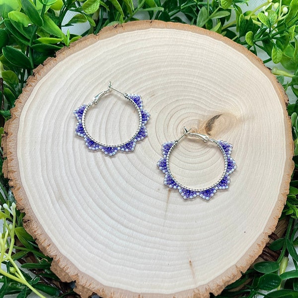 Beaded Hoop Earrings, Native-Made, Purple and White Hoops