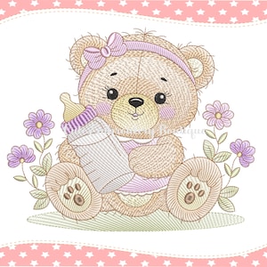 May include: A brown teddy bear with a pink bow and a purple headband is holding a baby bottle. The bear is sitting on a green patch of grass with purple flowers.
