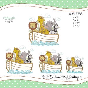 May include: Embroidered design of a lion, giraffe, elephant, and zebra riding in a wooden boat on a blue wave. The design is available in four sizes: 4x4, 5x7, 6x10, and 7x12 inches.