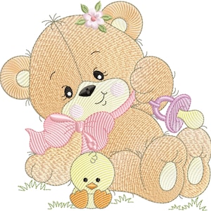 Design de bordado de urso fofo, design de bordado de máquina de urso de menina, downloads instantâneos.