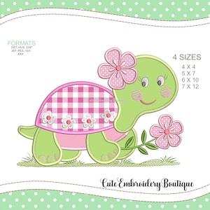 May include: A green turtle with a pink and white checkered shell, holding a pink flower. The turtle has a pink flower on its head and a smiling face. The image includes the text "4 SIZES" and the sizes 4x4, 5x7, 6x10, and 7x12. The text "Cute Embroidery Boutique" is also included.