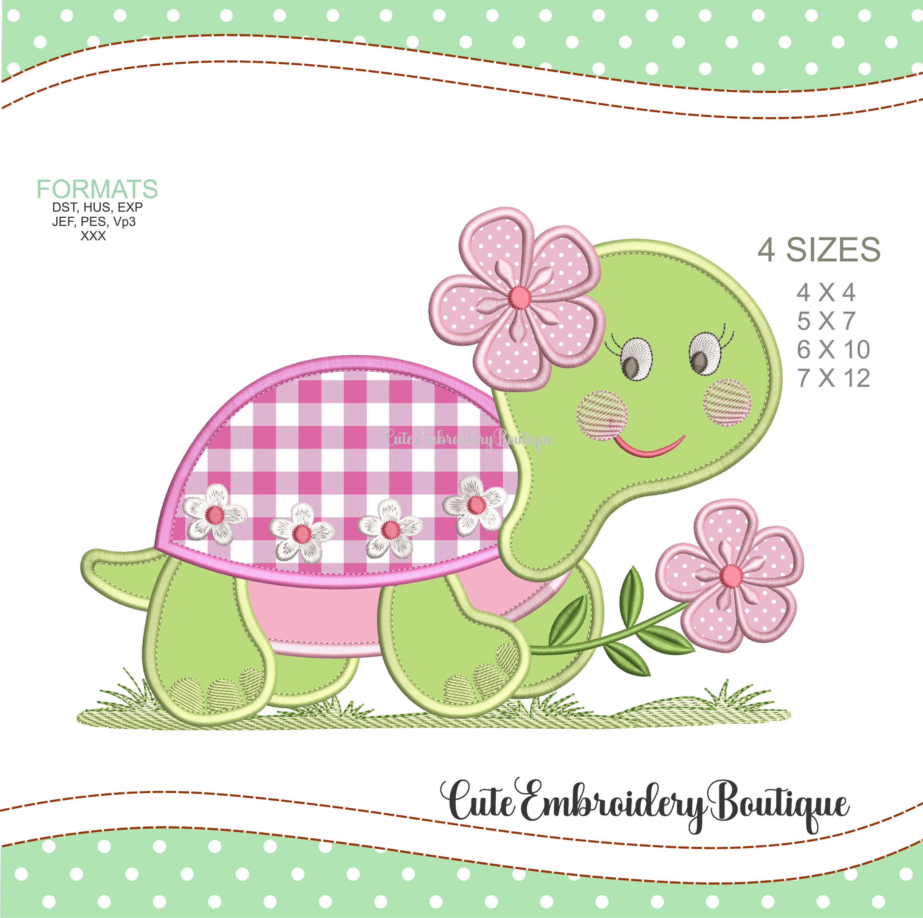 CUTE TURTLE APPLIQUE Embroidery designs - Turtle embroidery design, Girl Applique Machine embroidery file. Instant Download