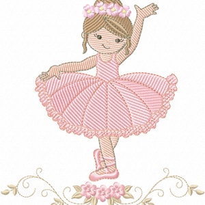 May include: A pink ballerina doll with brown hair and a flower crown. She is wearing a pink tutu and pink ballet shoes. The doll is standing on a floral design.