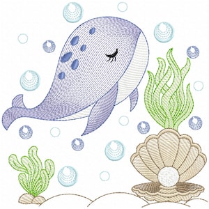 Cute Whale, Shell with Pearl embroidery Designs, Sealife Embroidery designs, Rippled Sea Animals embroidery patterns