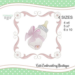 May include: Embroidered design of a baby bottle with a pink bow, in four sizes: 4x4, 5x7, 6x10 inches.  The design is surrounded by a decorative frame with flowers.