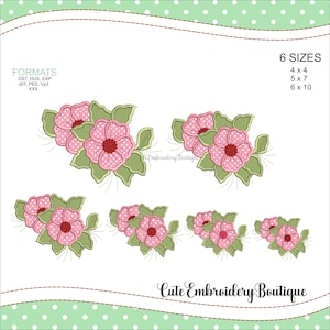 Pode incluir: Imagem com seis conjuntos de bordados florais rosa com folhas verdes. Os desenhos estão disponíveis em seis tamanhos: 10,16 x 10,16 cm, 12,7 x 17,78 cm e 15,24 x 25,4 cm. O texto "Cute Embroidery Boutique" está na parte inferior.