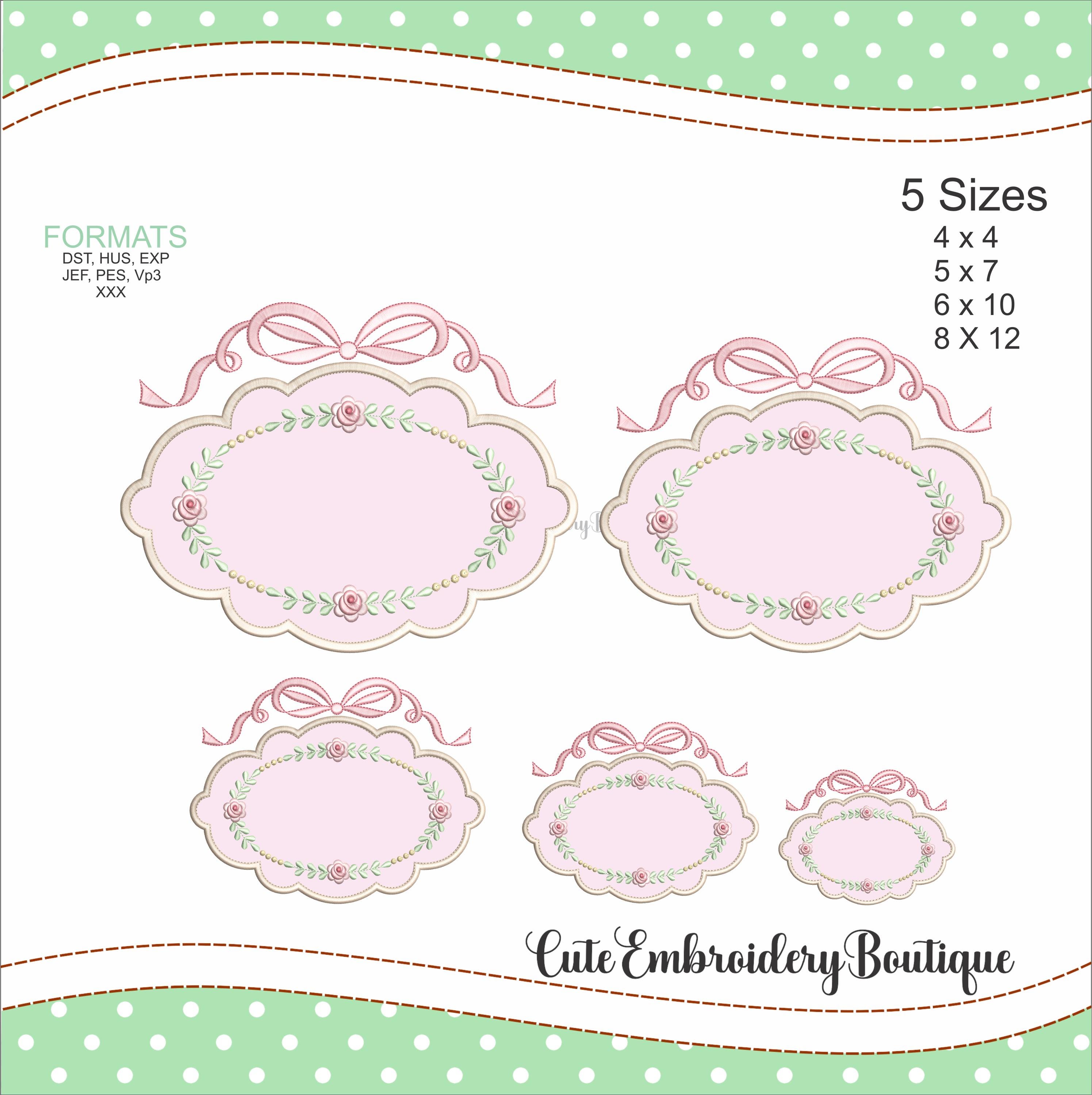 Flower Frame Embroidery Design with Bow (Instant Download)
